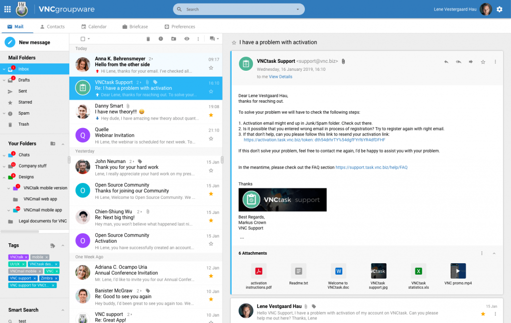 VNCgroupware vereint E-Mails, Kalender, Kontaktmanagement und Dateiablage.