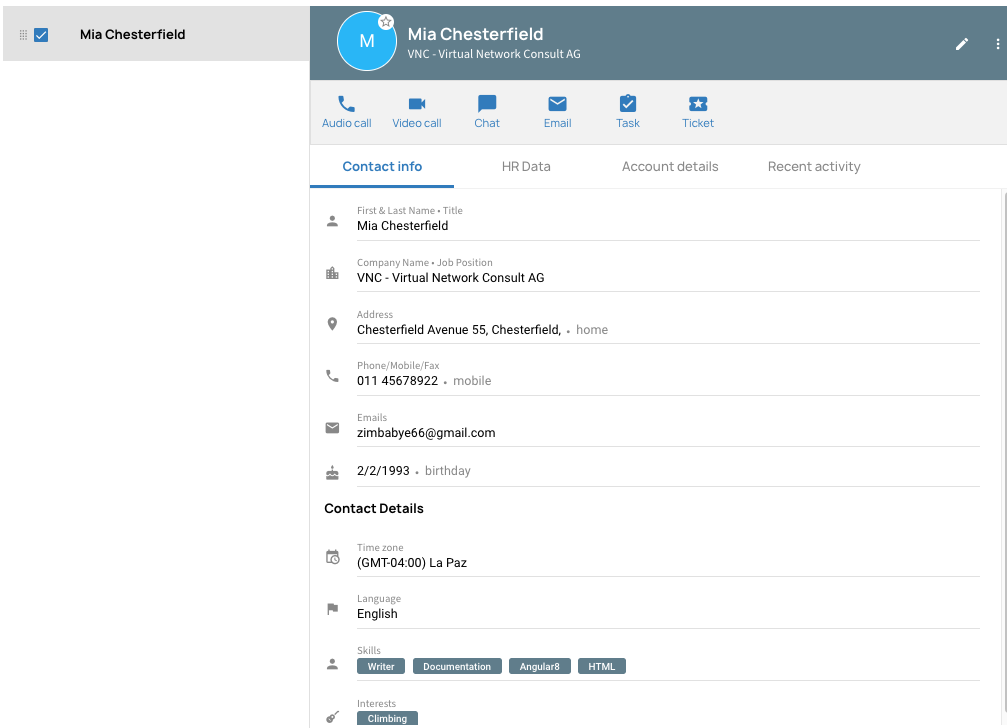 Tab Kontaktinformationen in VNCcontacts+ mit Backend-Daten aus VNCdirectory