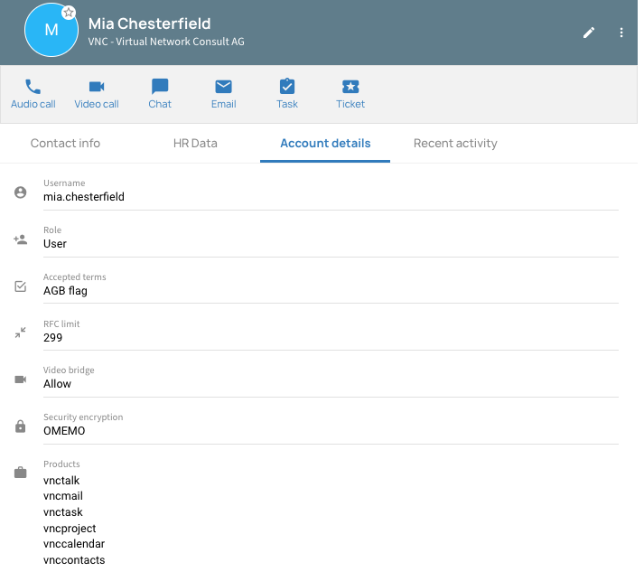 Tab Kontodetails in VNCcontacts+, die Daten werden in VNCdirectory verwaltet