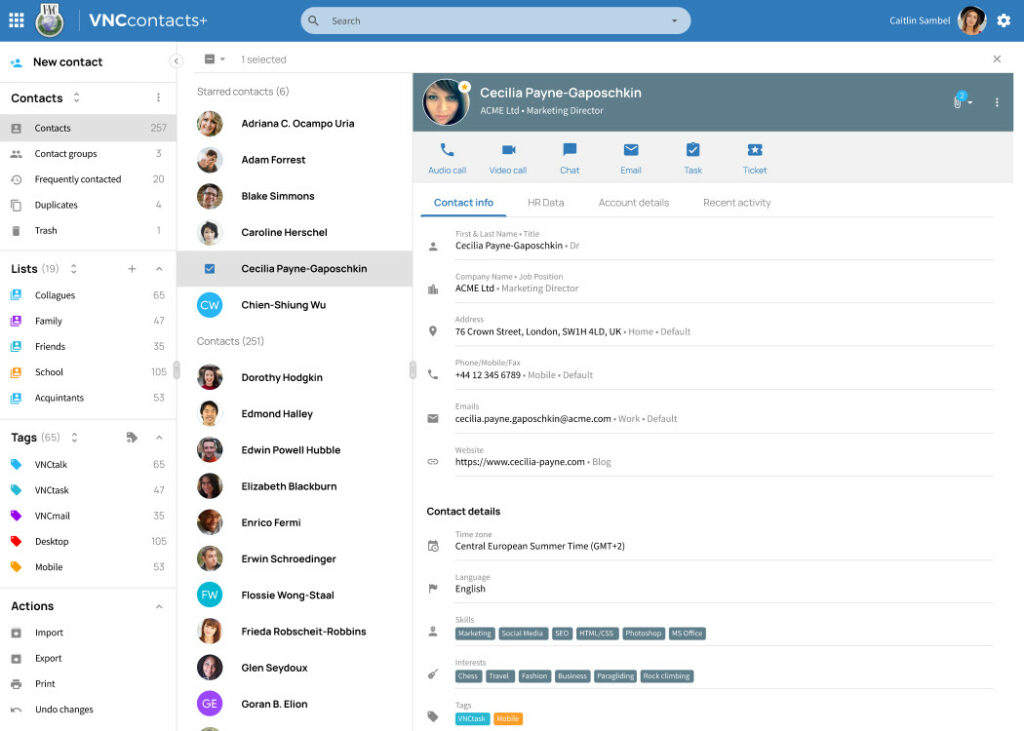 VNCcontacts+ führt alle Informationen zum Kontakt zusammen und ermöglicht direkte Aktionen.