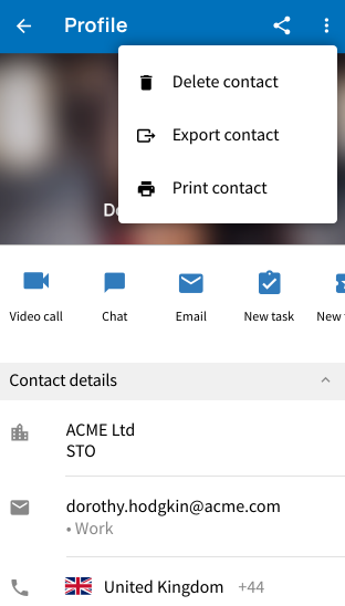 Context menu to delete, export, or print contacts
