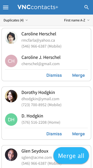 Menu to merge contacts