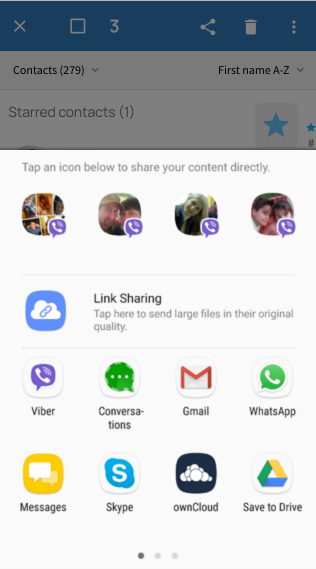 Menu to share contacts with other applications