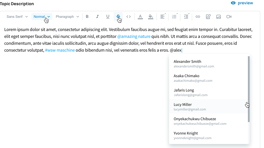Mentions and Tags in Topic descriptions