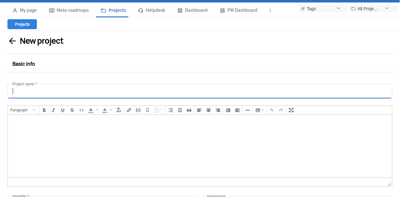 Neues UI der Seite 'Neues Projekt'