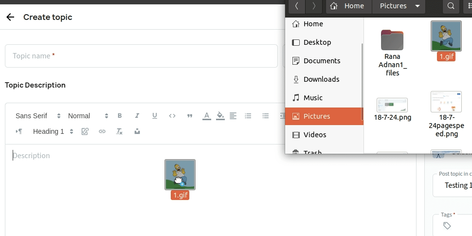 Drag and drop image files to the topic description while creating and editing a topic